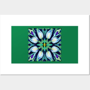 Folk Art Blue Green White Tulips Repeating Tile Pattern Posters and Art